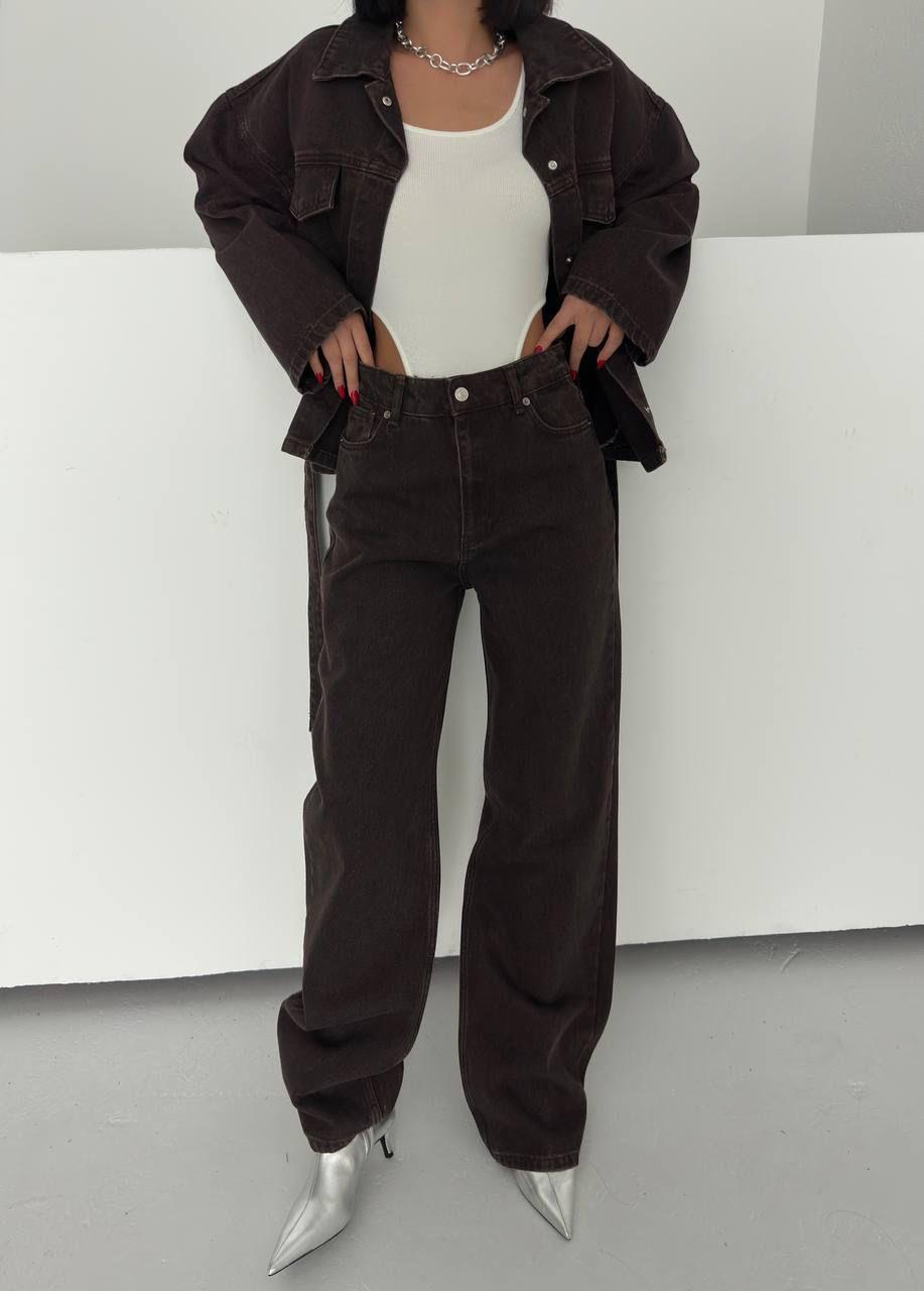 Kahve Bağlamalı Denim Takım Oversize Ceket ve Yüksek Bel Pantolon