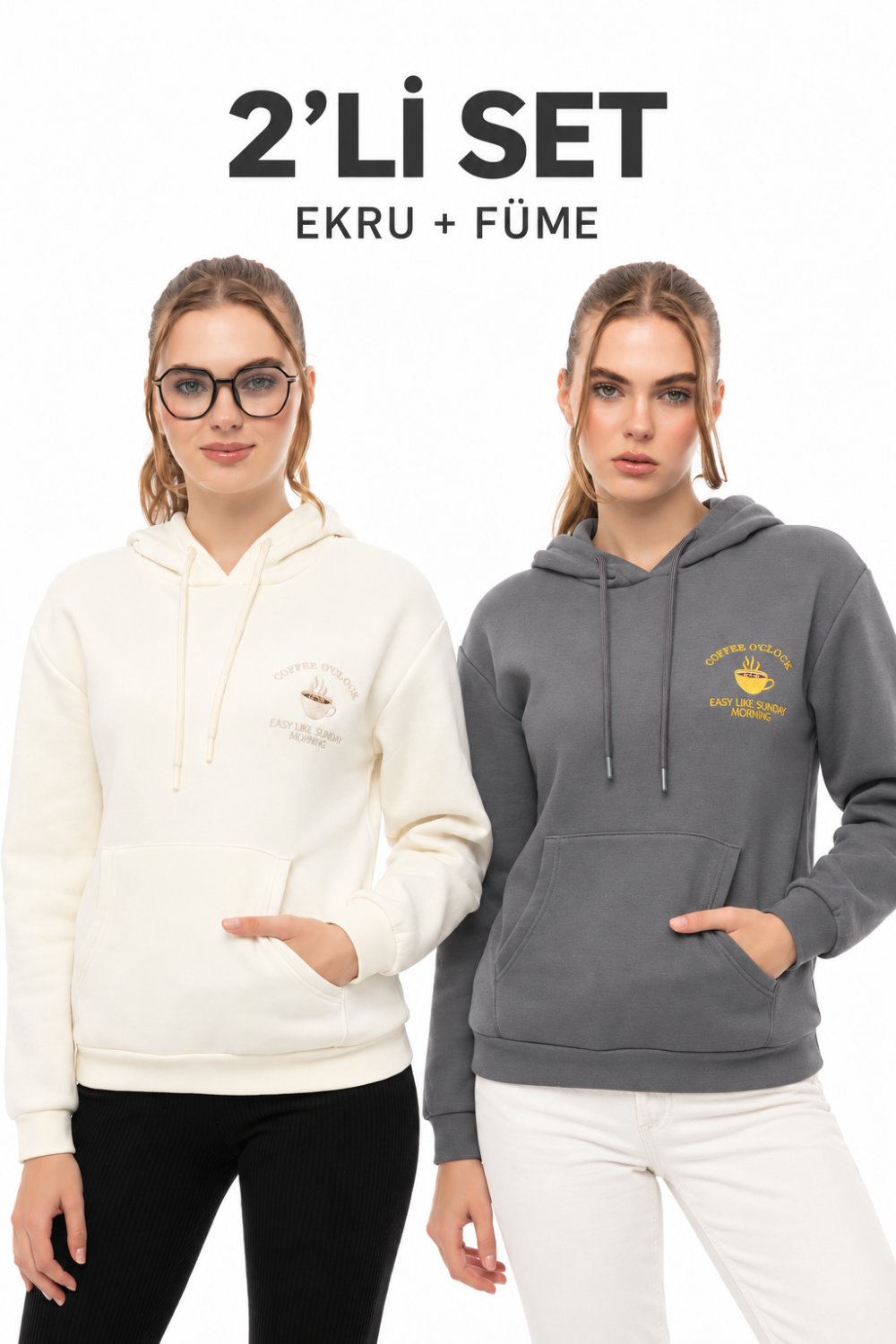 Kahve Molası 2’li Sweatshirt Seti – Ekru & Füme