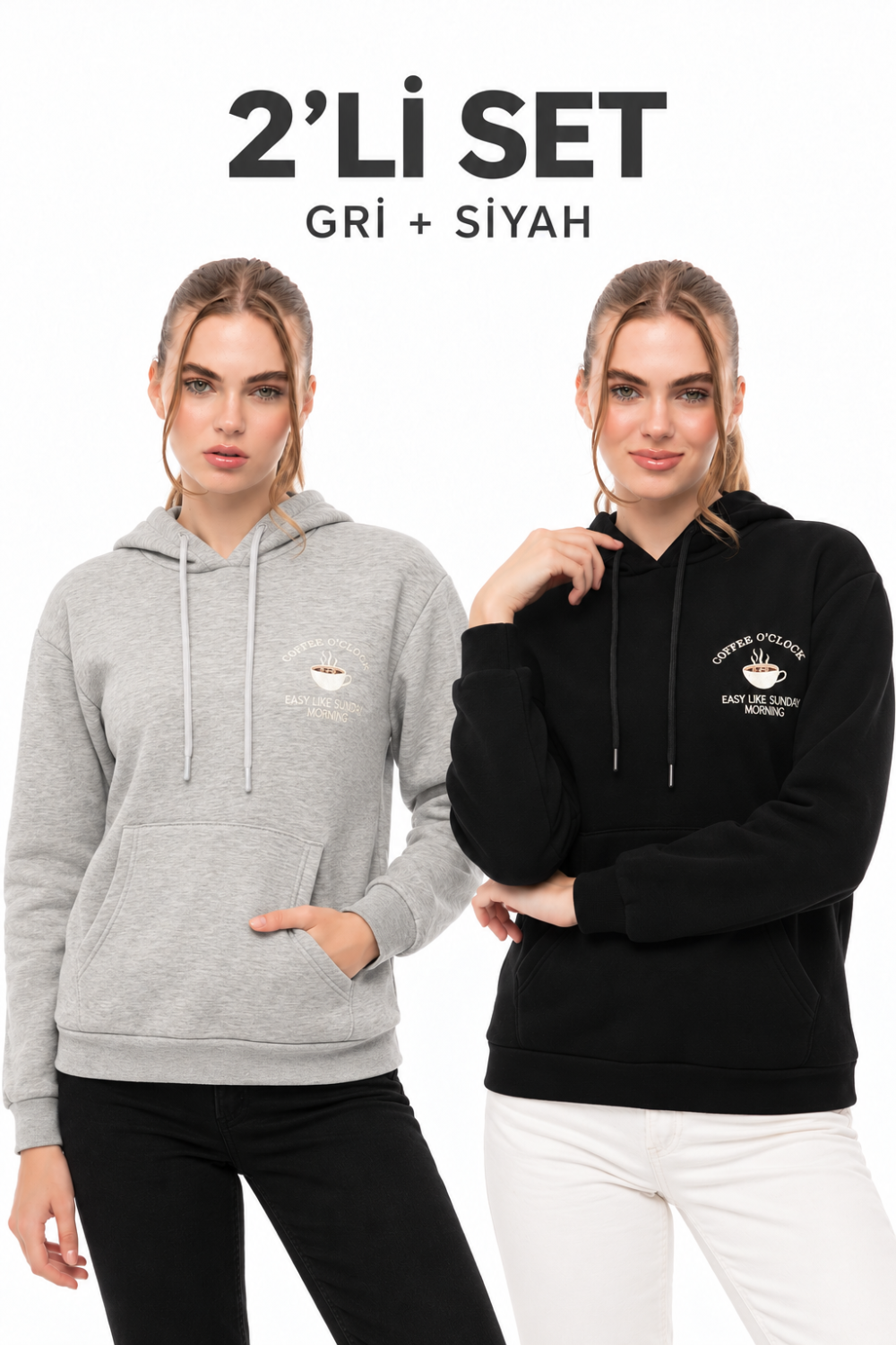 Kahve Molası 2’li Sweatshirt Seti – Gri & Siyah