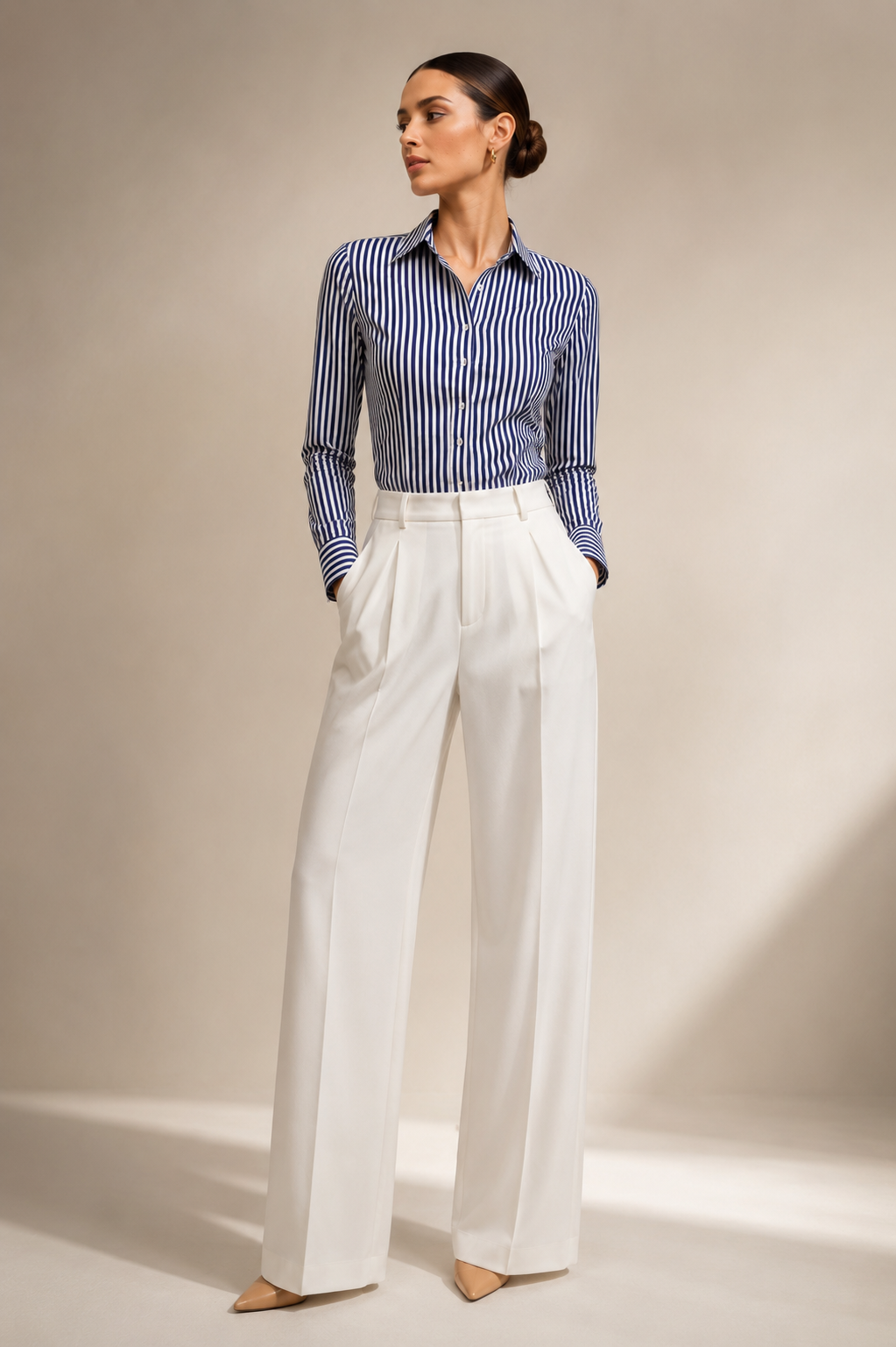 Lacivert Beyaz Çizgili Slim Fit Kadın Gömlek