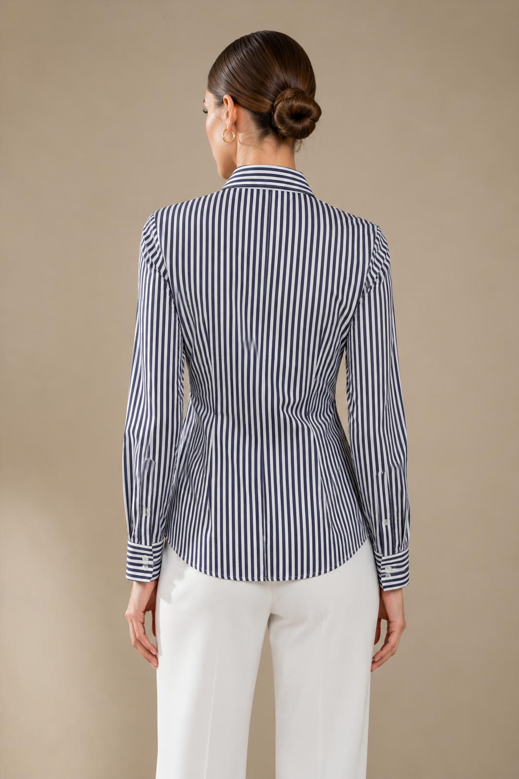 Lacivert Beyaz Çizgili Slim Fit Kadın Gömlek