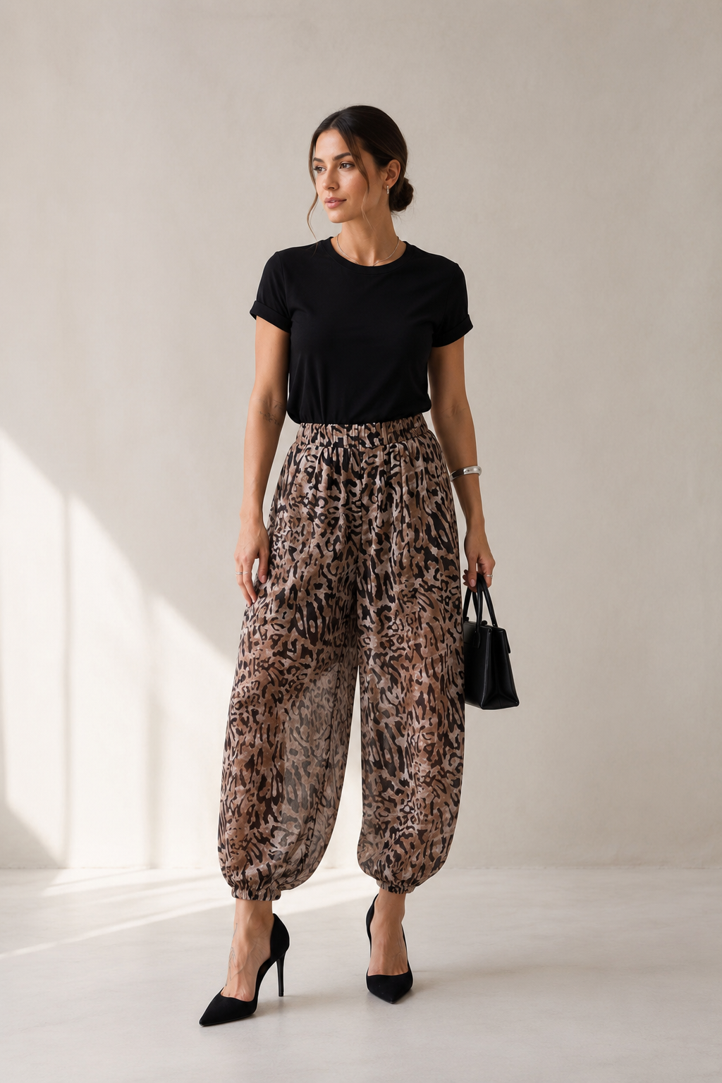 Leopar Desenli Astarlı Tül Balon Pantolon