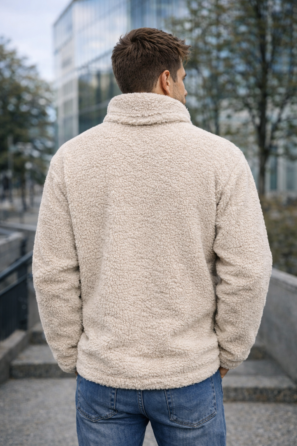 Unisex İçi Polarlı Peluş Fermuarlı Dik Yaka Göğüs Cepli Bej Ceket