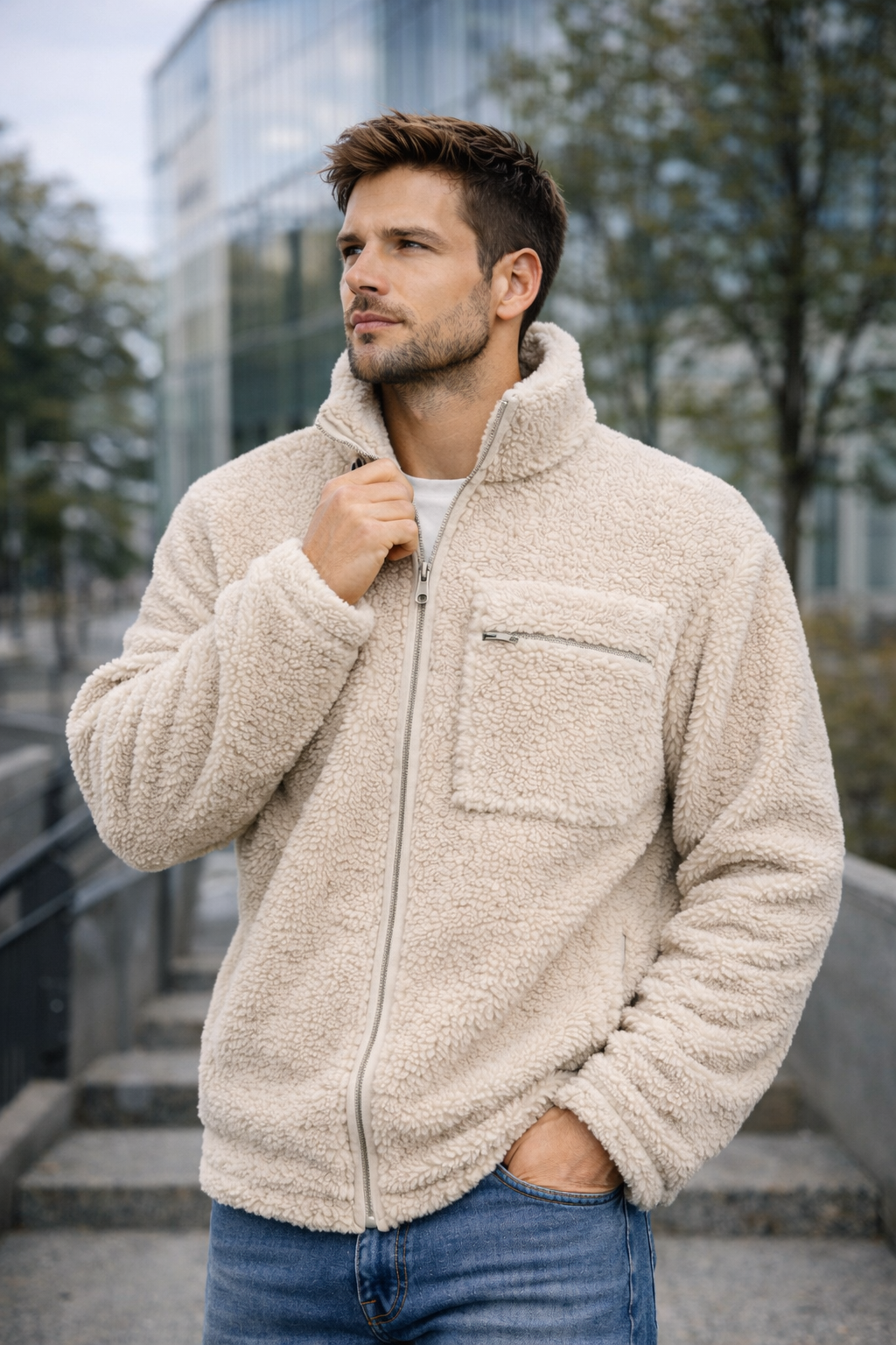 Unisex İçi Polarlı Peluş Fermuarlı Dik Yaka Göğüs Cepli Bej Ceket