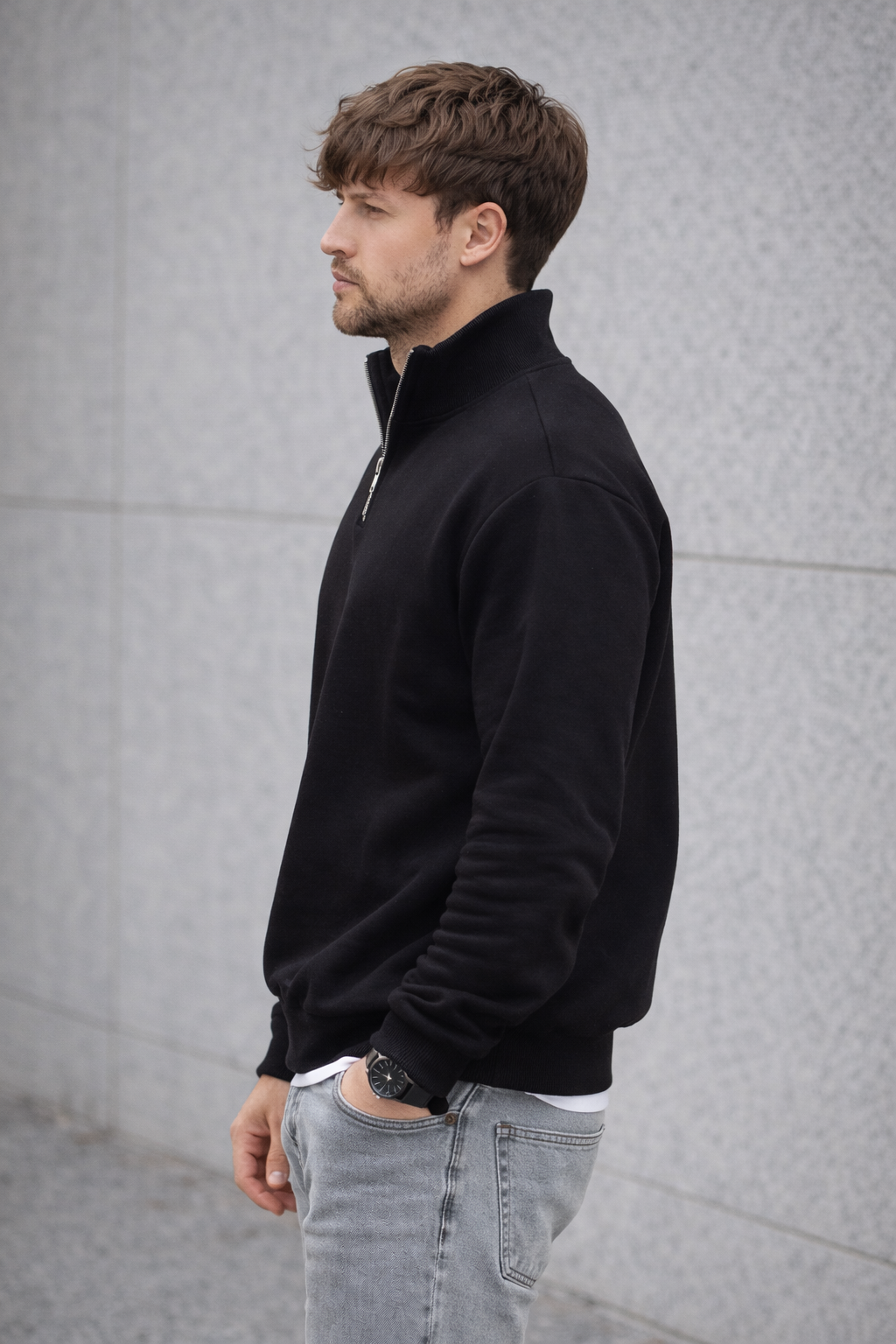 Unisex Yarım Fermuarlı Dik Yaka Regular Fit Basic Siyah Sweatshirt