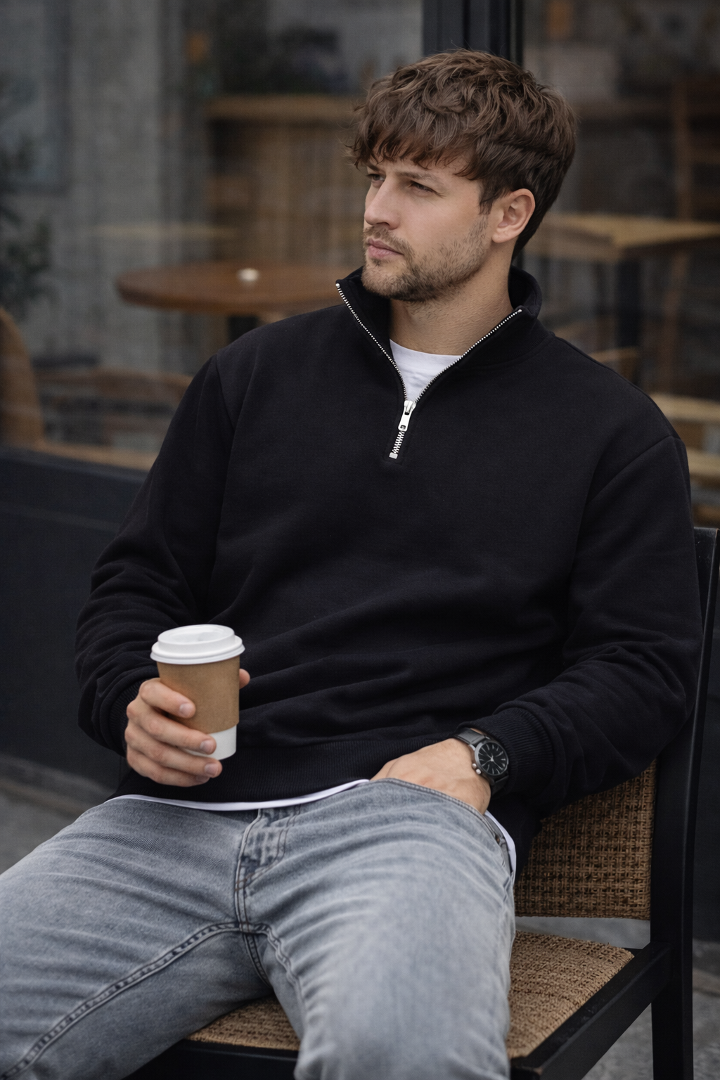 Unisex Yarım Fermuarlı Dik Yaka Regular Fit Basic Siyah Sweatshirt