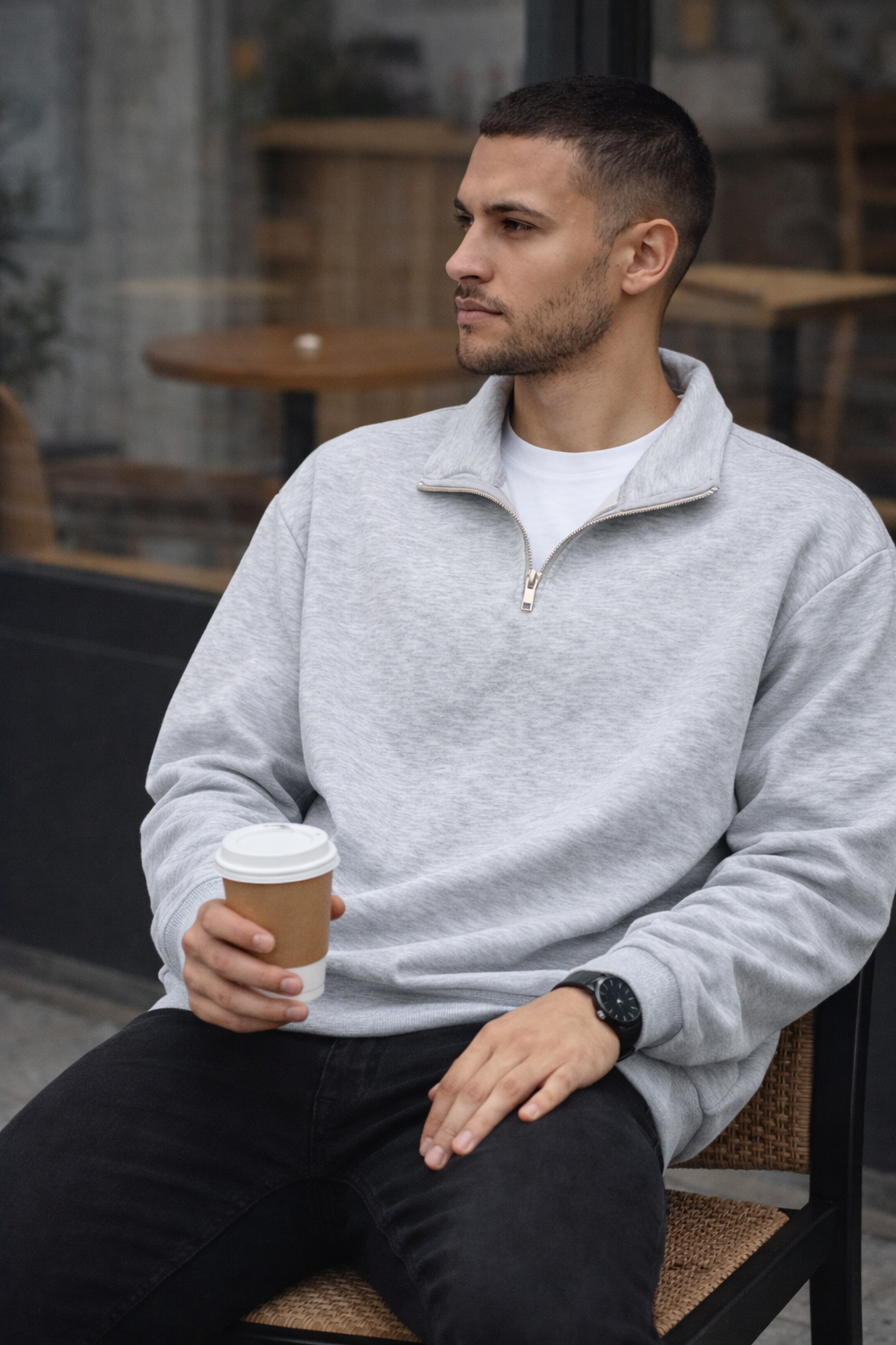 Unisex Yarım Fermuarlı Dik Yaka Regular Fit Basic Gri Sweatshirt