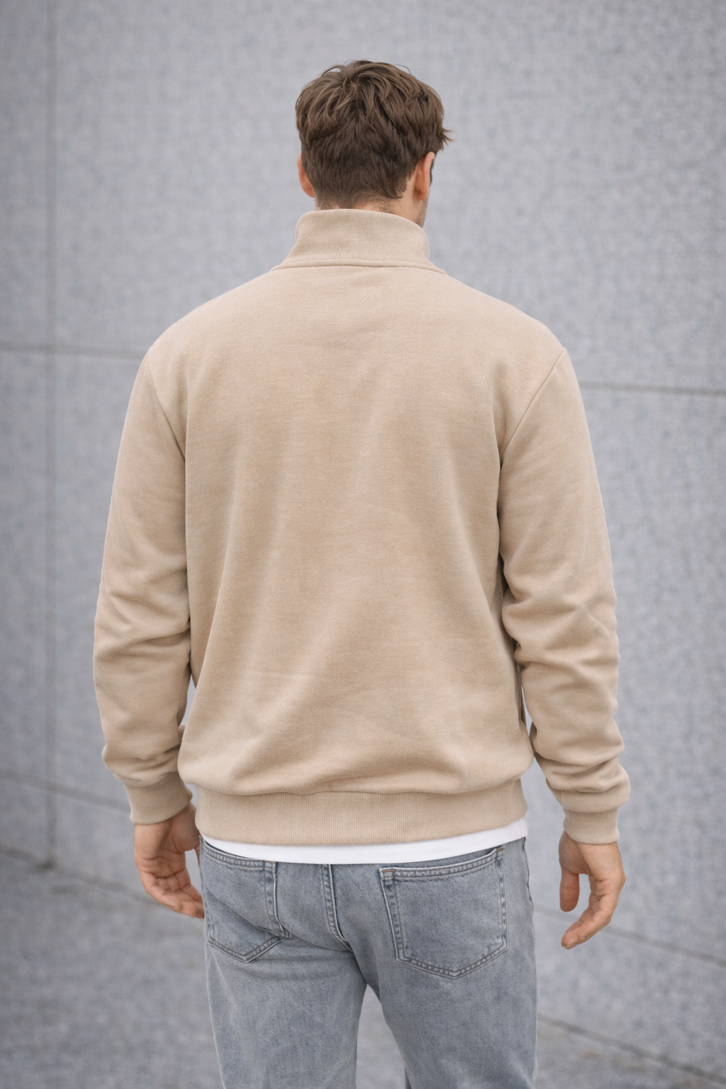 Unisex Yarım Fermuarlı Dik Yaka Regular Fit Basic Bej Sweatshirt