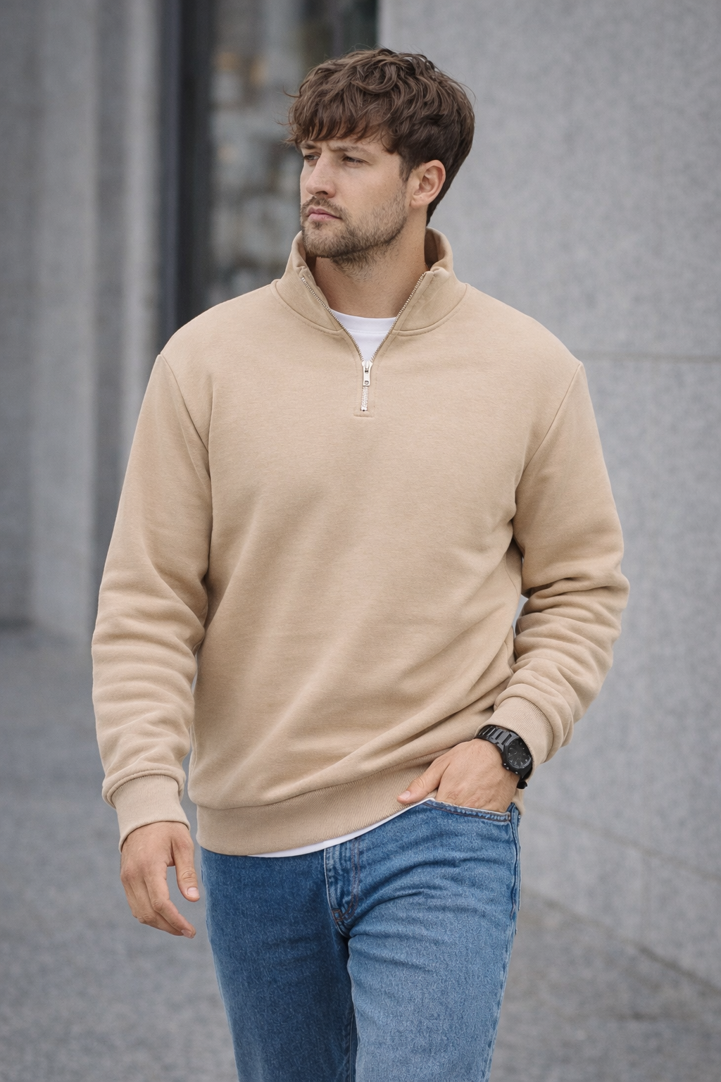 Unisex Yarım Fermuarlı Dik Yaka Regular Fit Basic Bej Sweatshirt