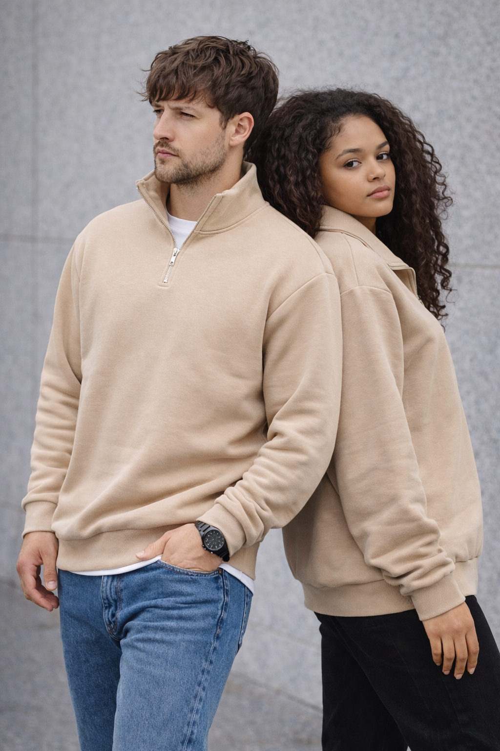 Unisex Yarım Fermuarlı Dik Yaka Regular Fit Basic Bej Sweatshirt
