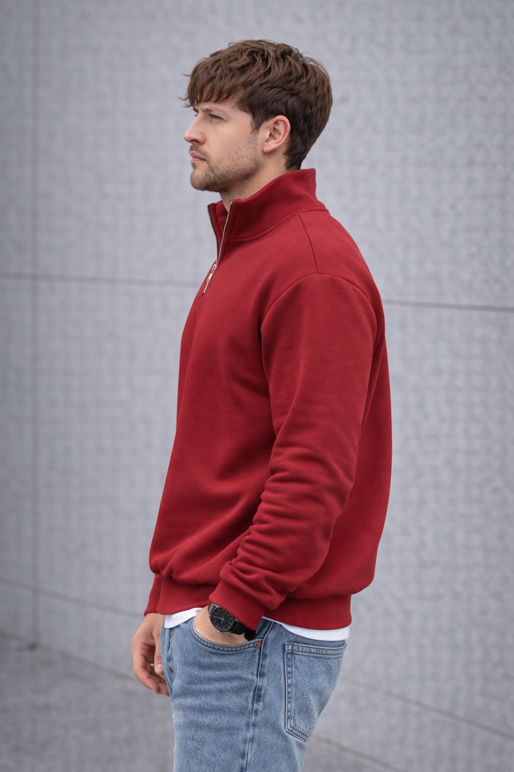 Unisex Yarım Fermuarlı Dik Yaka Regular Fit Basic Kırmızı Sweatshirt