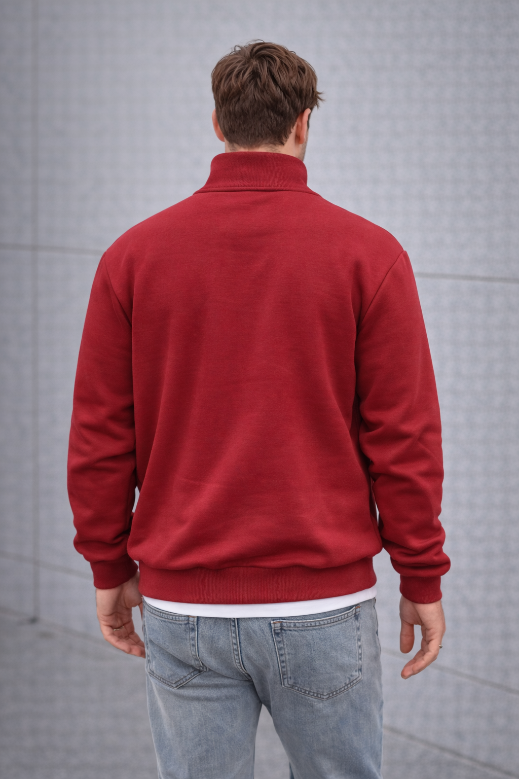 Unisex Yarım Fermuarlı Dik Yaka Regular Fit Basic Kırmızı Sweatshirt