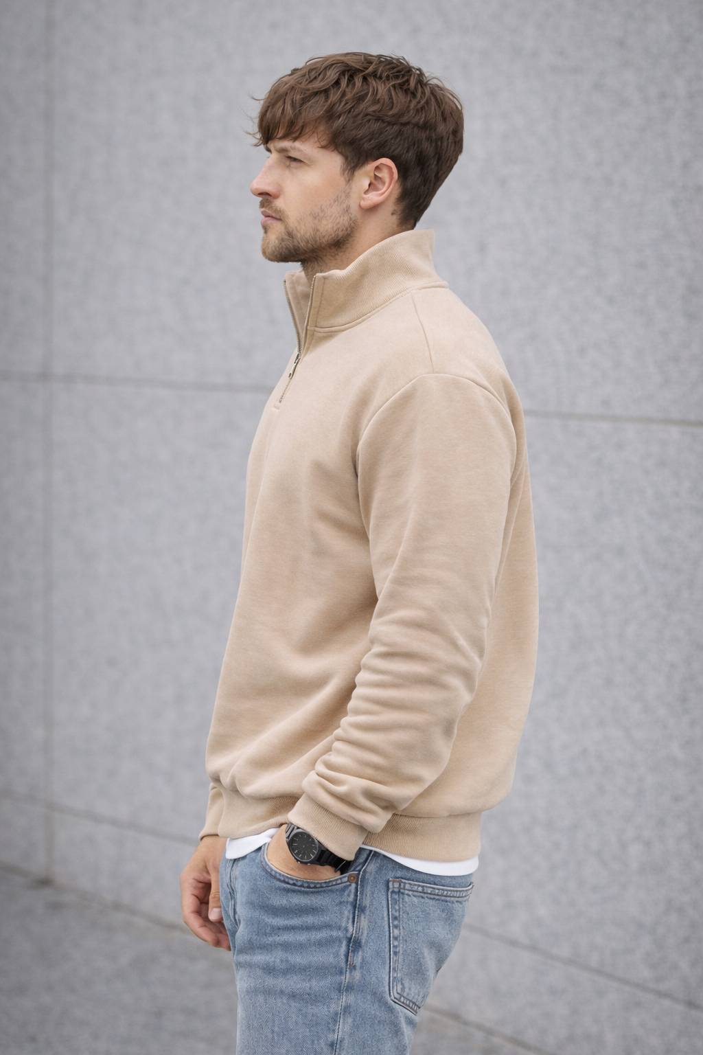 Unisex Yarım Fermuarlı Dik Yaka Regular Fit Basic Bej Sweatshirt