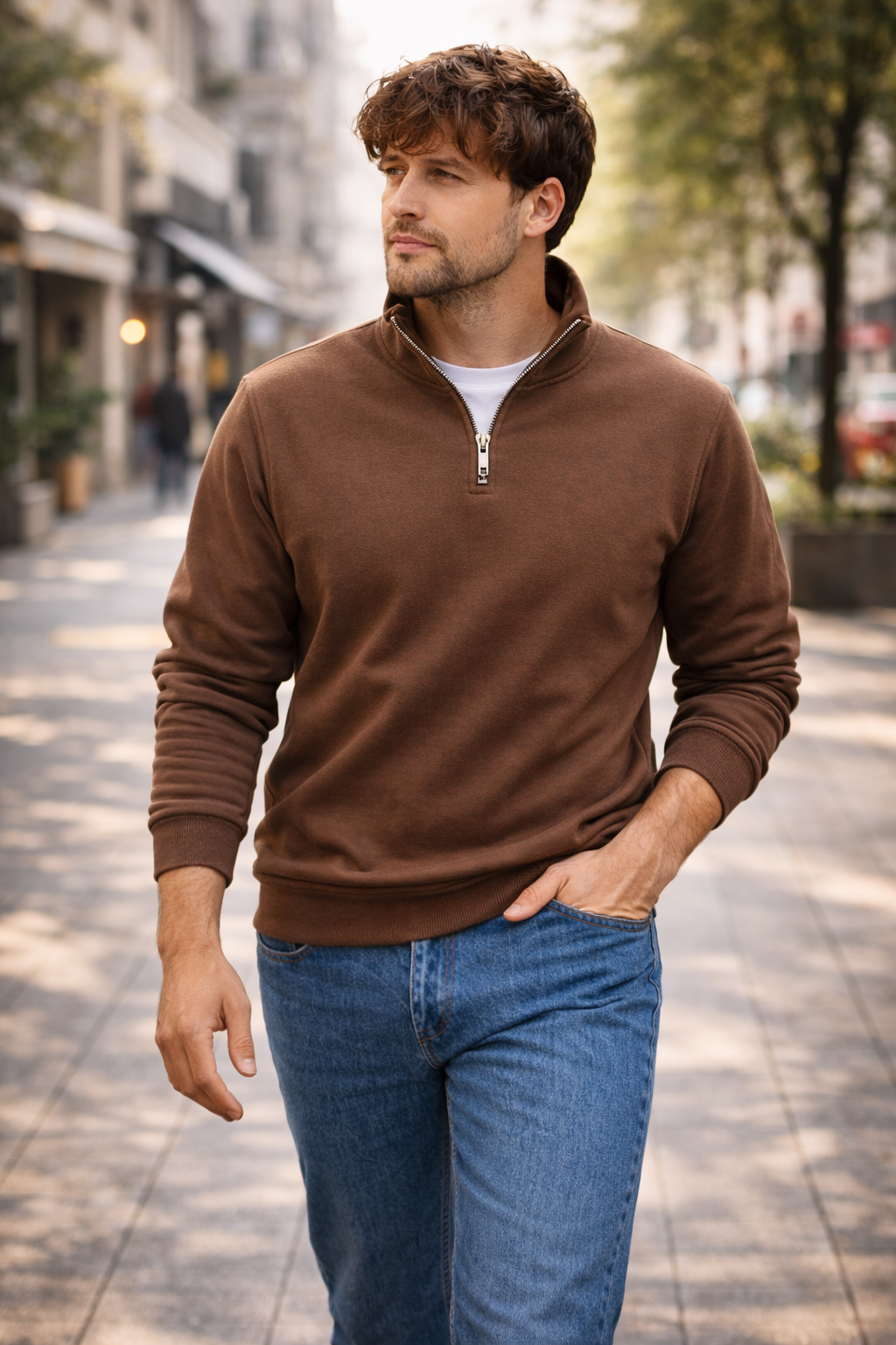 Unisex Yarım Fermuarlı Dik Yaka Regular Fit Basic Kahve Sweatshirt