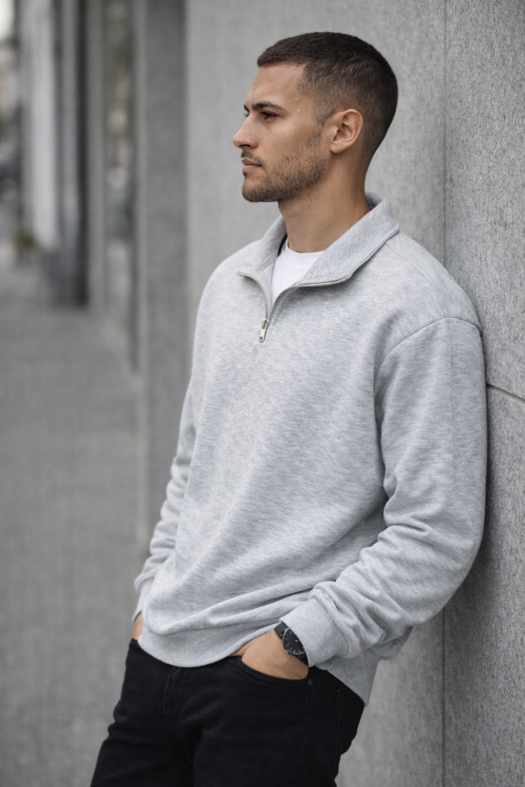 Unisex Yarım Fermuarlı Dik Yaka Regular Fit Basic Gri Sweatshirt