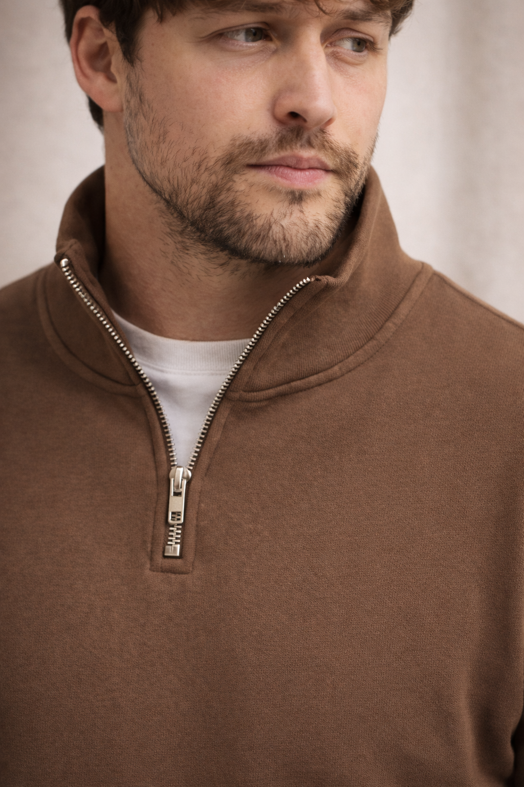 Unisex Yarım Fermuarlı Dik Yaka Regular Fit Basic Kahve Sweatshirt