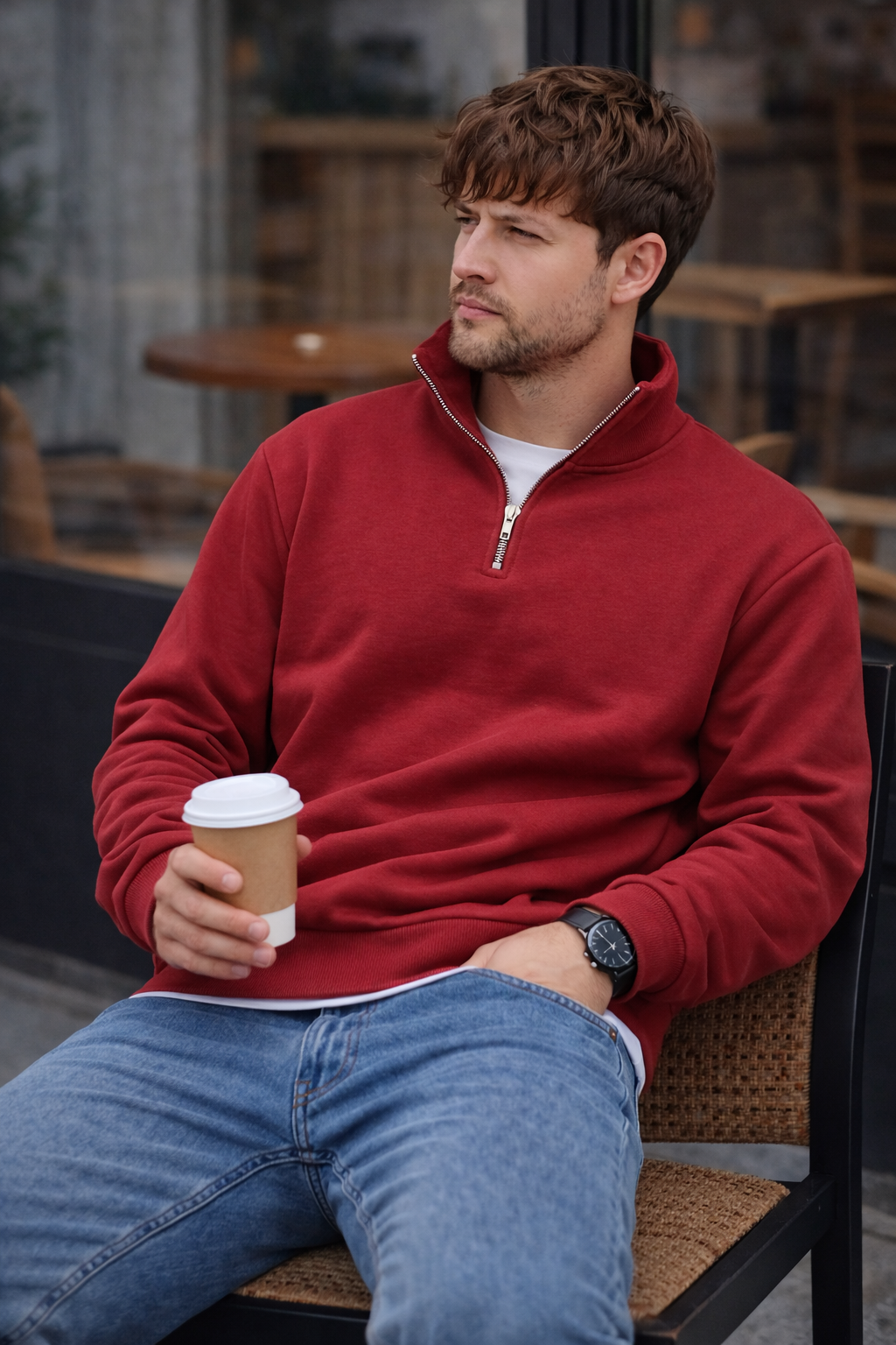 Unisex Yarım Fermuarlı Dik Yaka Regular Fit Basic Kırmızı Sweatshirt
