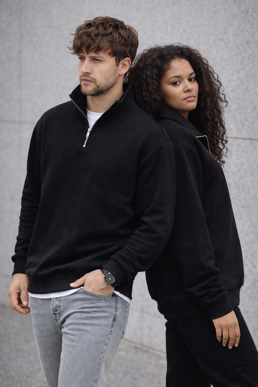 Unisex Yarım Fermuarlı Dik Yaka Regular Fit Basic Siyah Sweatshirt