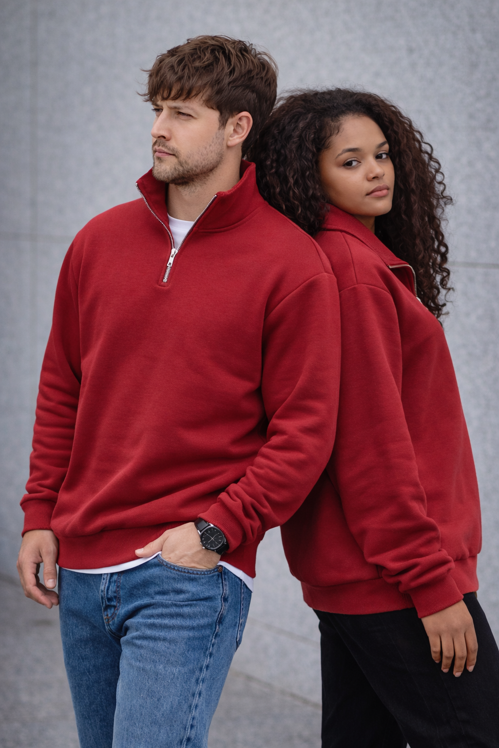 Unisex Yarım Fermuarlı Dik Yaka Regular Fit Basic Kırmızı Sweatshirt