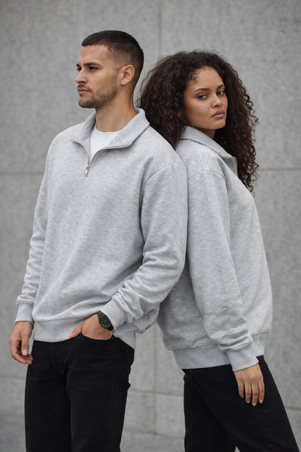 Unisex Yarım Fermuarlı Dik Yaka Regular Fit Basic Gri Sweatshirt
