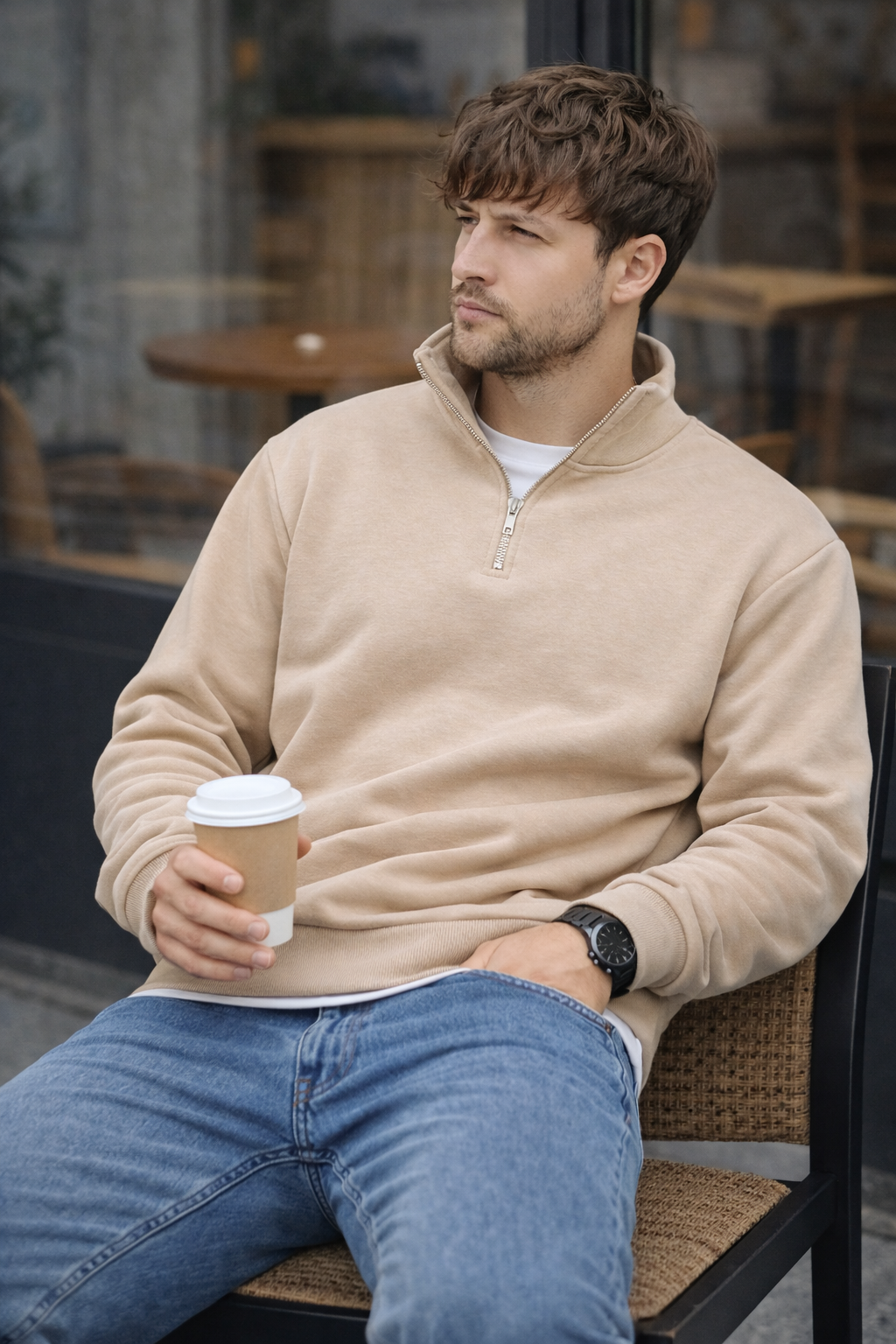Unisex Yarım Fermuarlı Dik Yaka Regular Fit Basic Bej Sweatshirt