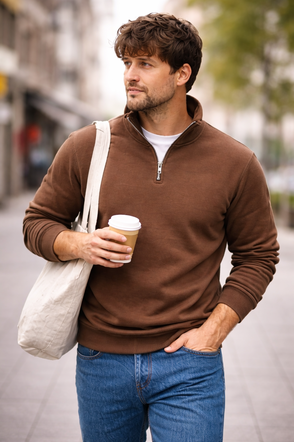 Unisex Yarım Fermuarlı Dik Yaka Regular Fit Basic Kahve Sweatshirt