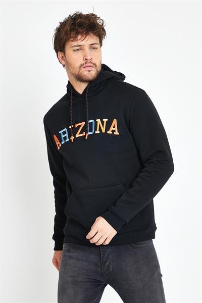 Erkek 3 İplik Pamuklu İçi Polarlı Regular Fit Nakışlı Kapüşonlu Kanguru Cepli Siyah Sweatshirt