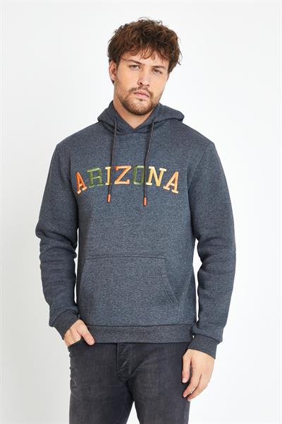 Erkek 3 İplik Pamuklu İçi Polarlı Regular Fit Nakışlı Kapüşonlu Kanguru Cepli Antrasit Sweatshirt