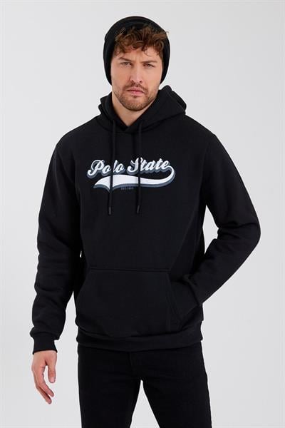Erkek 3 İplik Pamuklu İçi Polarlı Baskılı Regular Fit Kapüşonlu Kanguru Cepli Siyah Sweatshirt