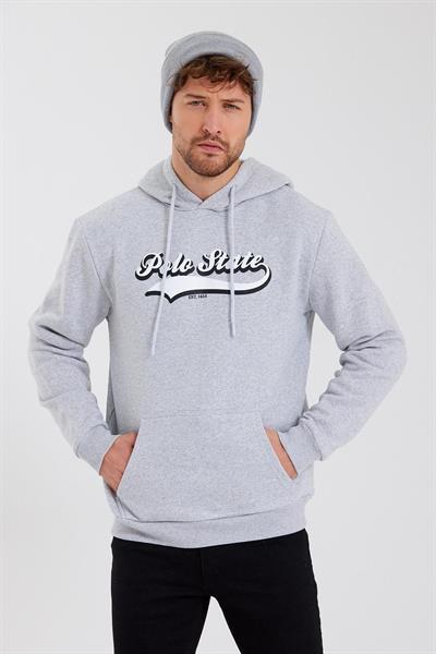 Erkek 3 İplik Pamuklu İçi Polarlı Baskılı Regular Fit Kapüşonlu Kanguru Cepli Gri Sweatshirt