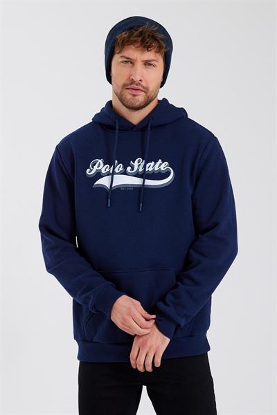 Erkek 3 İplik Pamuklu İçi Polarlı Baskılı Regular Fit Kapüşonlu Kanguru Cepli Lacivert Sweatshirt