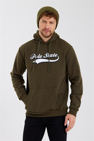 Erkek 3 İplik Pamuklu İçi Polarlı Baskılı Regular Fit Kapüşonlu Kanguru Cepli Haki Sweatshirt