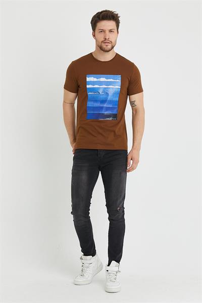 Erkek Baskılı T-shirt Hardal