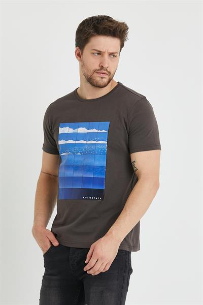 Erkek Baskılı T-shirt Kahverengi