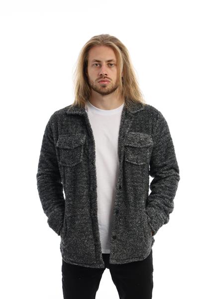 Erkek Oversize Çıt Çıt Kapamalı Cepli Peluş Antrasit Melanj Ceket