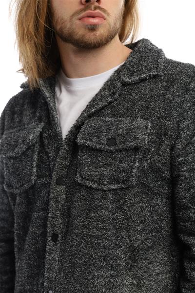 Erkek Oversize Çıt Çıt Kapamalı Cepli Peluş Antrasit Melanj Ceket