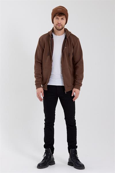 Erkek Fermuarlı Kanguru Cep 3 İplik Sweatshirt  Kahverengi