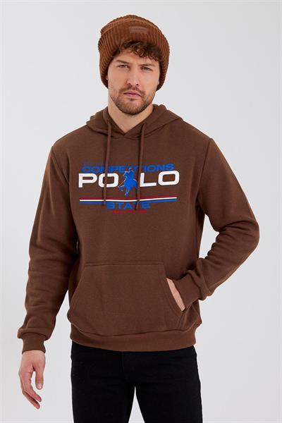 Erkek Kapüşonlu Baskılı 3 İplik Sweatshirt Kahverengi