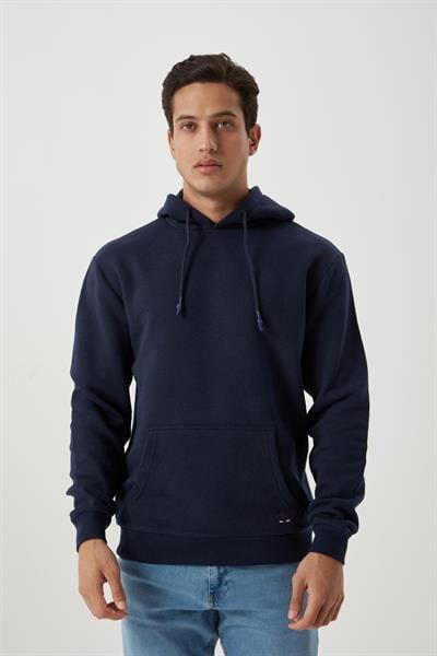Erkek Kapüşonlu Kanguru Cep 3 İplik Sweatshirt Lacivert