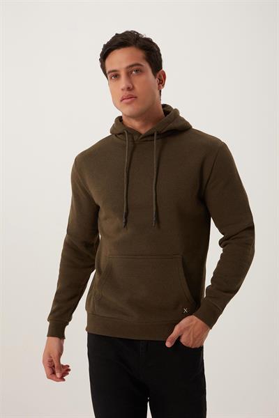 Erkek Kapüşonlu Kanguru Cep 3 İplik Sweatshirt  Haki