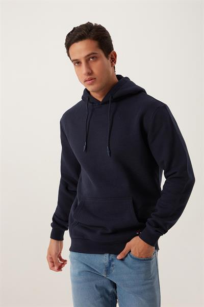 Erkek Kapüşonlu Kanguru Cep 3 İplik Sweatshirt Lacivert
