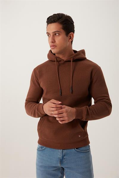 Erkek Kapüşonlu Kanguru Cep 3 İplik Sweatshirt  Kahverengi