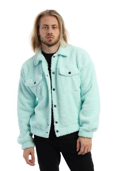 Erkek Oversize Çıt Çıt Kapamalı Cepli Mint Peluş Ceket