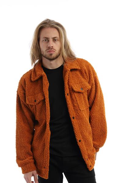 Erkek Oversize Çıt Çıt Kapamalı Cepli Tarçın Peluş Ceket
