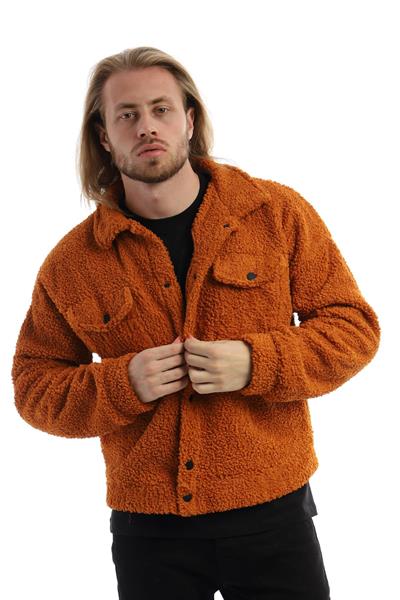Erkek Oversize Çıt Çıt Kapamalı Cepli Tarçın Peluş Ceket