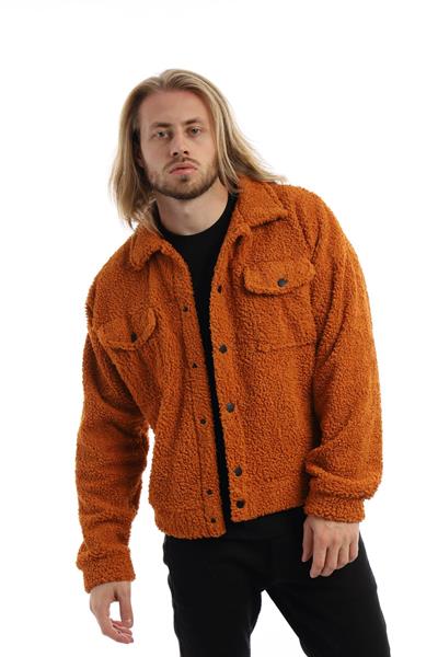 Erkek Oversize Çıt Çıt Kapamalı Cepli Tarçın Peluş Ceket