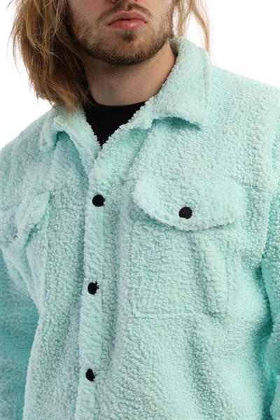 Erkek Oversize Çıt Çıt Kapamalı Cepli Mint Peluş Ceket
