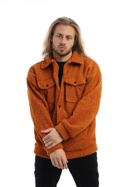 Erkek Oversize Çıt Çıt Kapamalı Cepli Tarçın Peluş Ceket