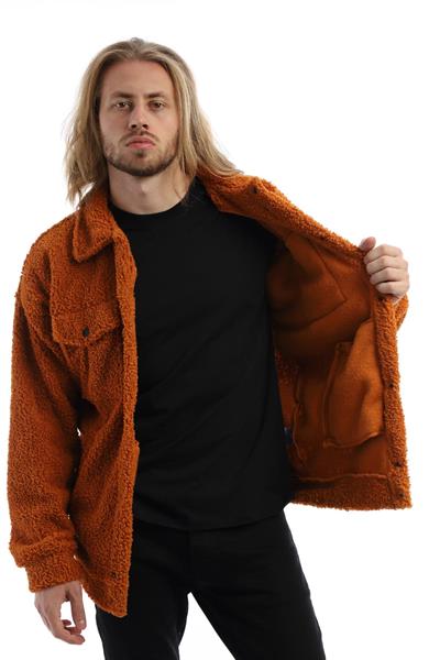 Erkek Oversize Çıt Çıt Kapamalı Cepli Tarçın Peluş Ceket