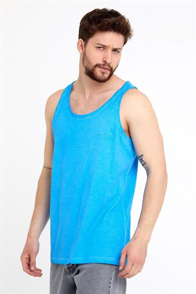 Erkek Neon Yağ Yıkamalı Nakışlı Atlet Mavi
